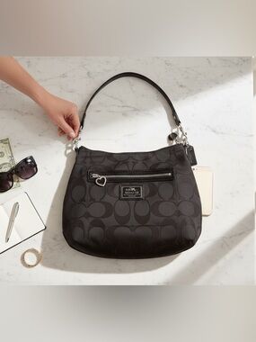 Coach Poppy Signature Convertible Hobo Bag Black Patent Trim Silver Hardware‎